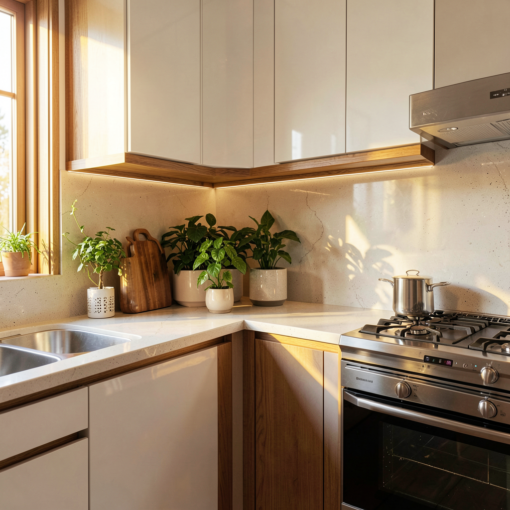 Détail d'un angle de cuisine en L avec rangements astucieux et déco cuisine bois moderne