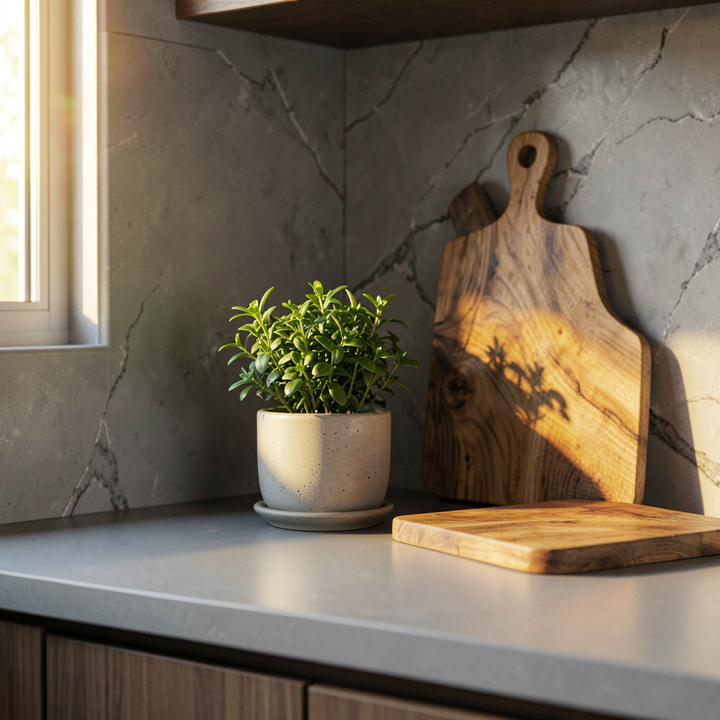 Cuisine ouverte grise anthracite avec plan de travail en béton et touches bois naturel