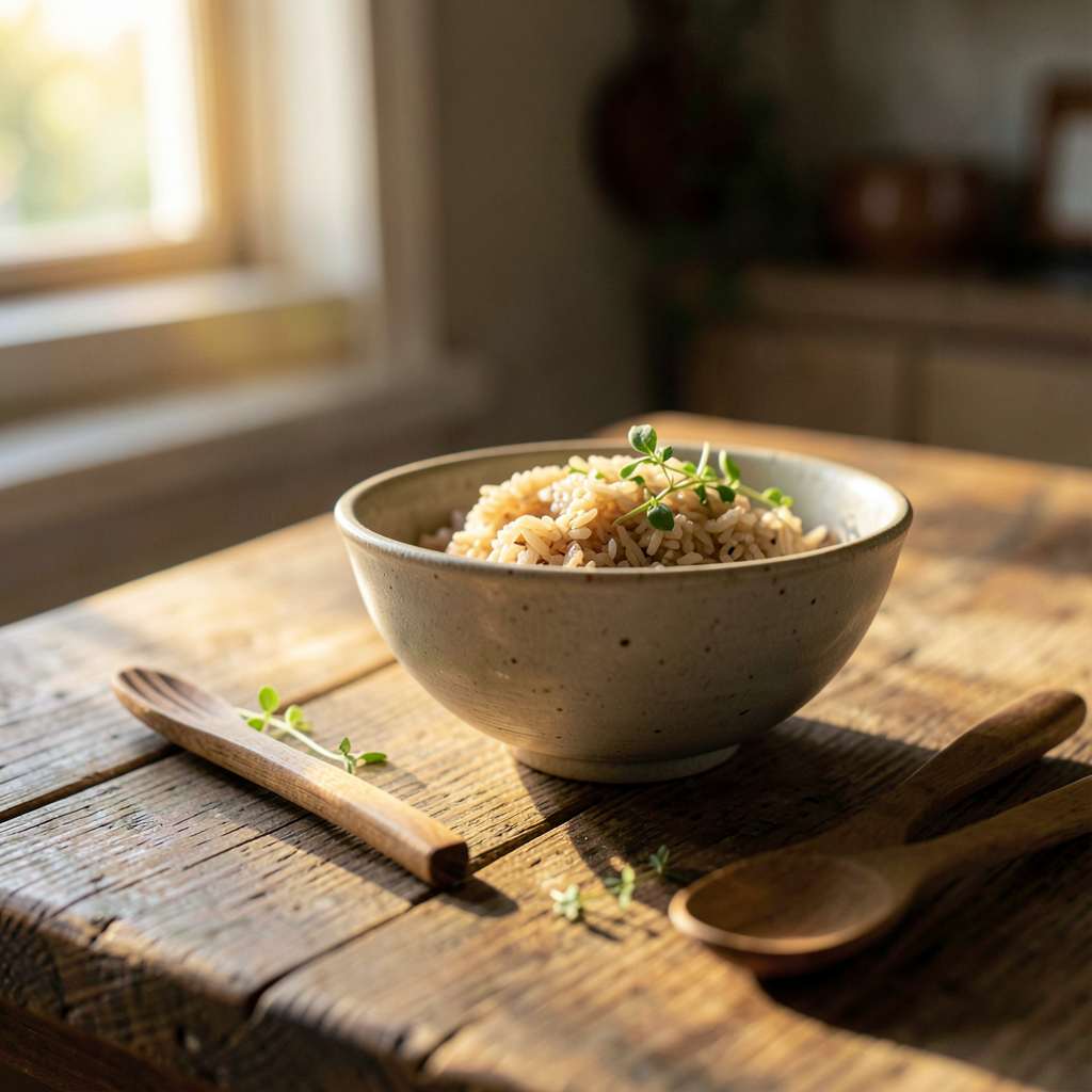 Petite cuisine appartement style Japandi avec rangements ouverts en bois et ton beige naturel