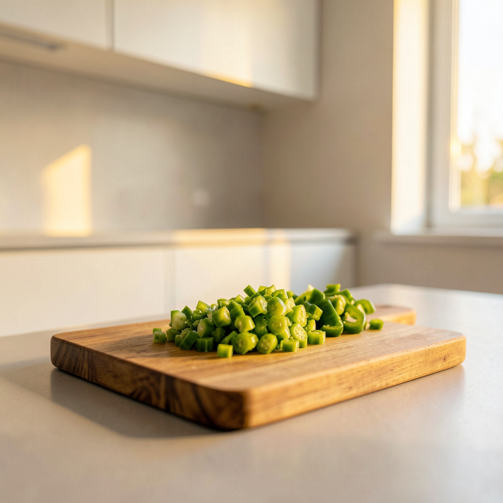 Intérieur moderne de cuisine minimaliste avec étagères ouvertes, ustensiles essentiels et touches de béton clair.