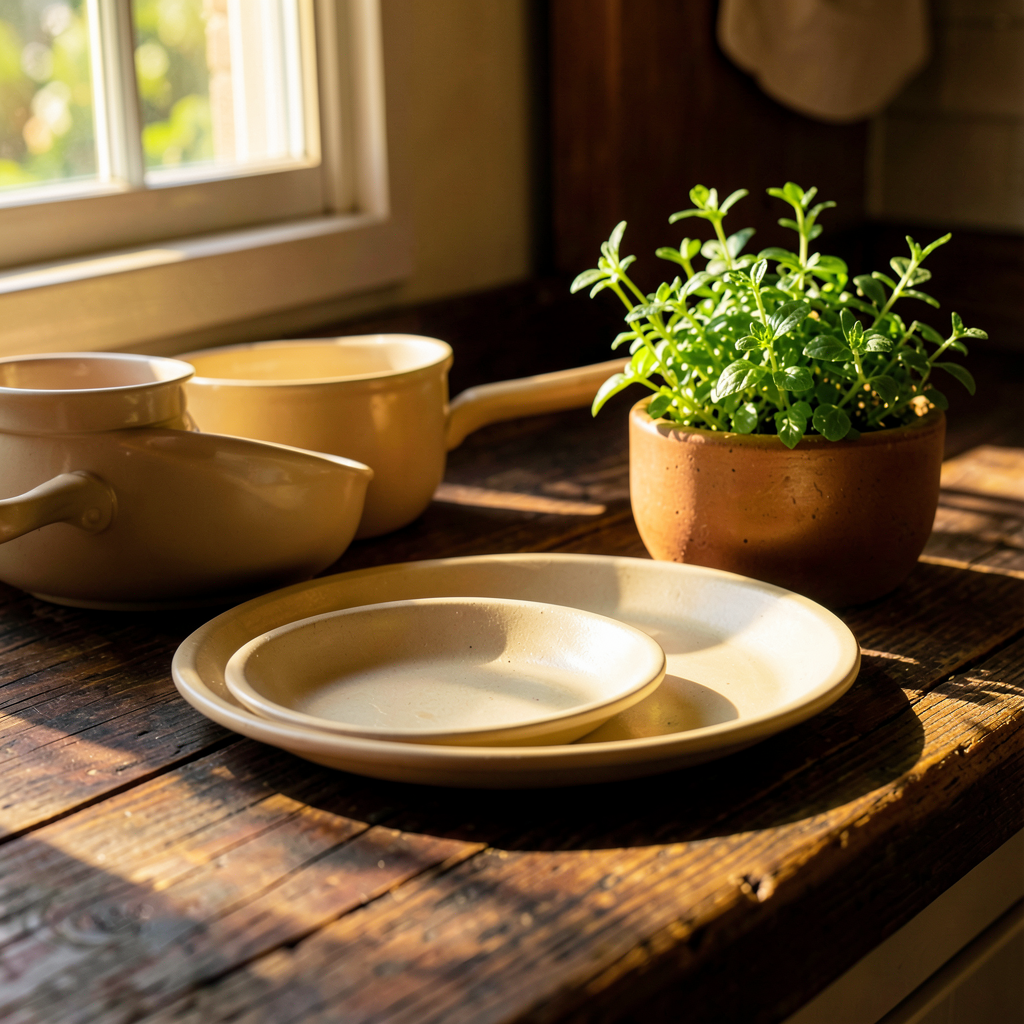 Détail de cuisine équipée en bois et beige avec accessoires en céramique naturelle