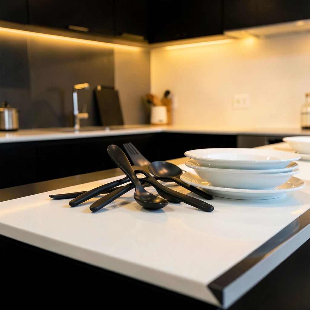 Petite cuisine blanche et bois avec détails noirs, style moderne et chaleureux.