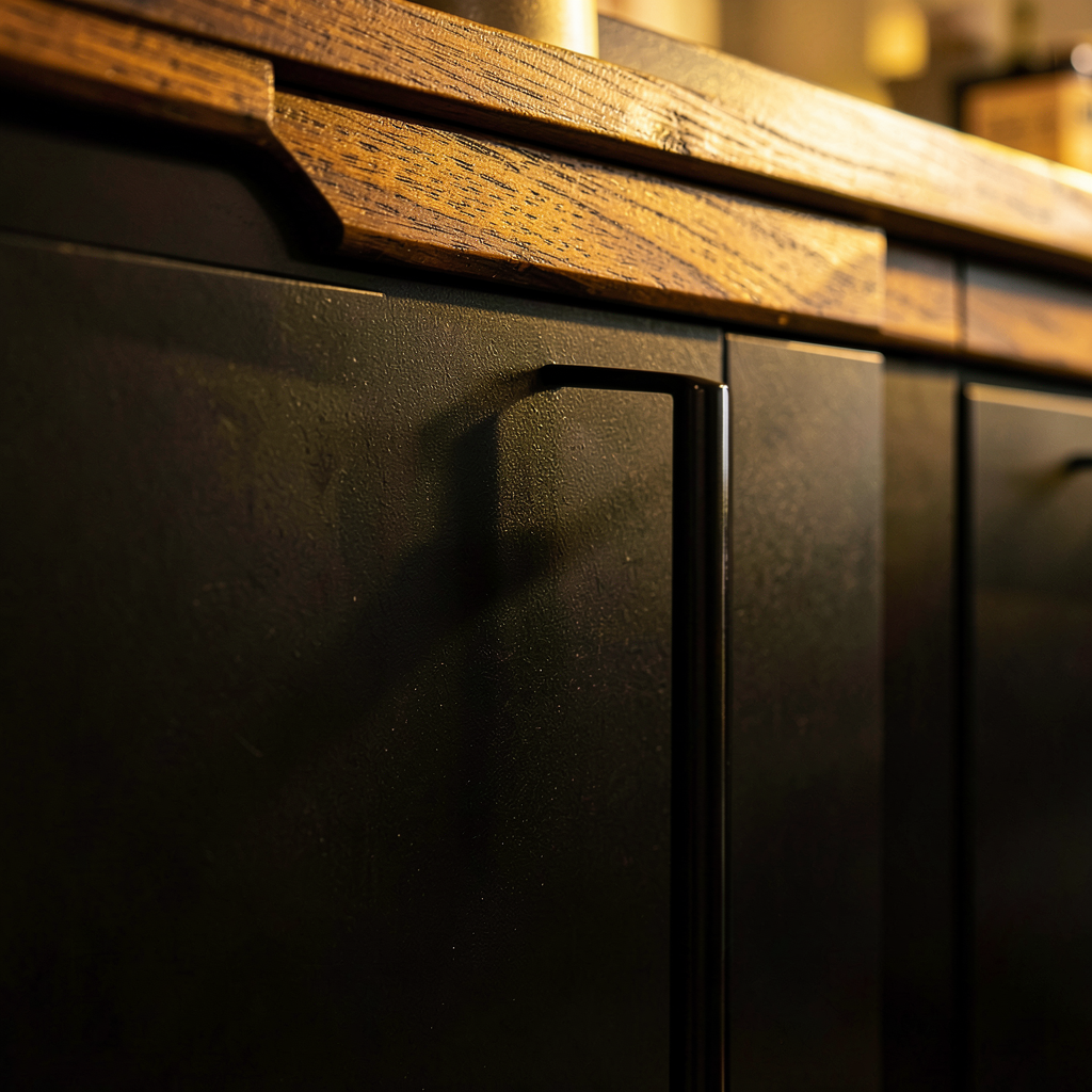 Détail d'une cuisine noire et bois avec poignées en laiton et crédence en béton clair.