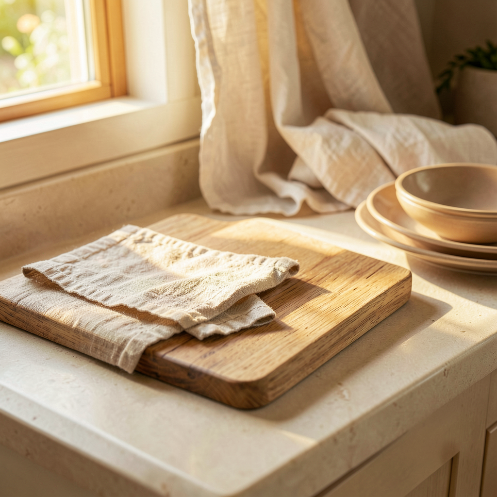Détail d'une cuisine bois et blanc aux tons lin, avec une crédence en carrelage naturel