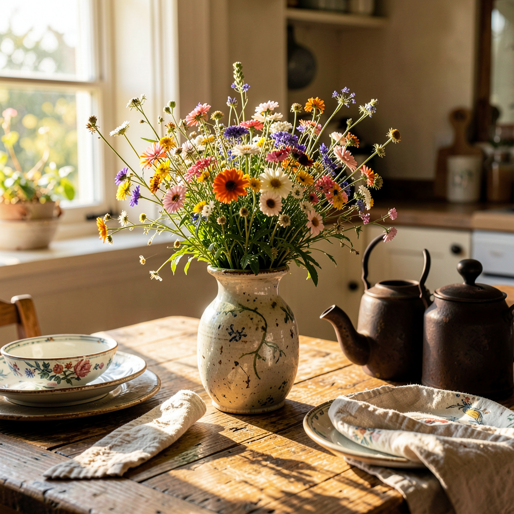 Détail déco cuisine campagne chic : vaissellier ouvert en chêne et herbes aromatiques en pot