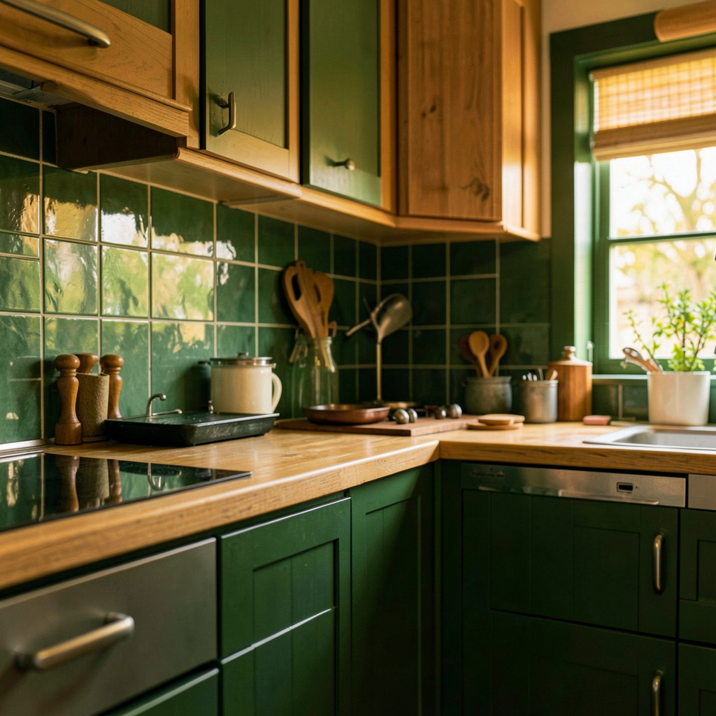Façades vert olive associées à un plan de travail en bois clair dans une cuisine moderne