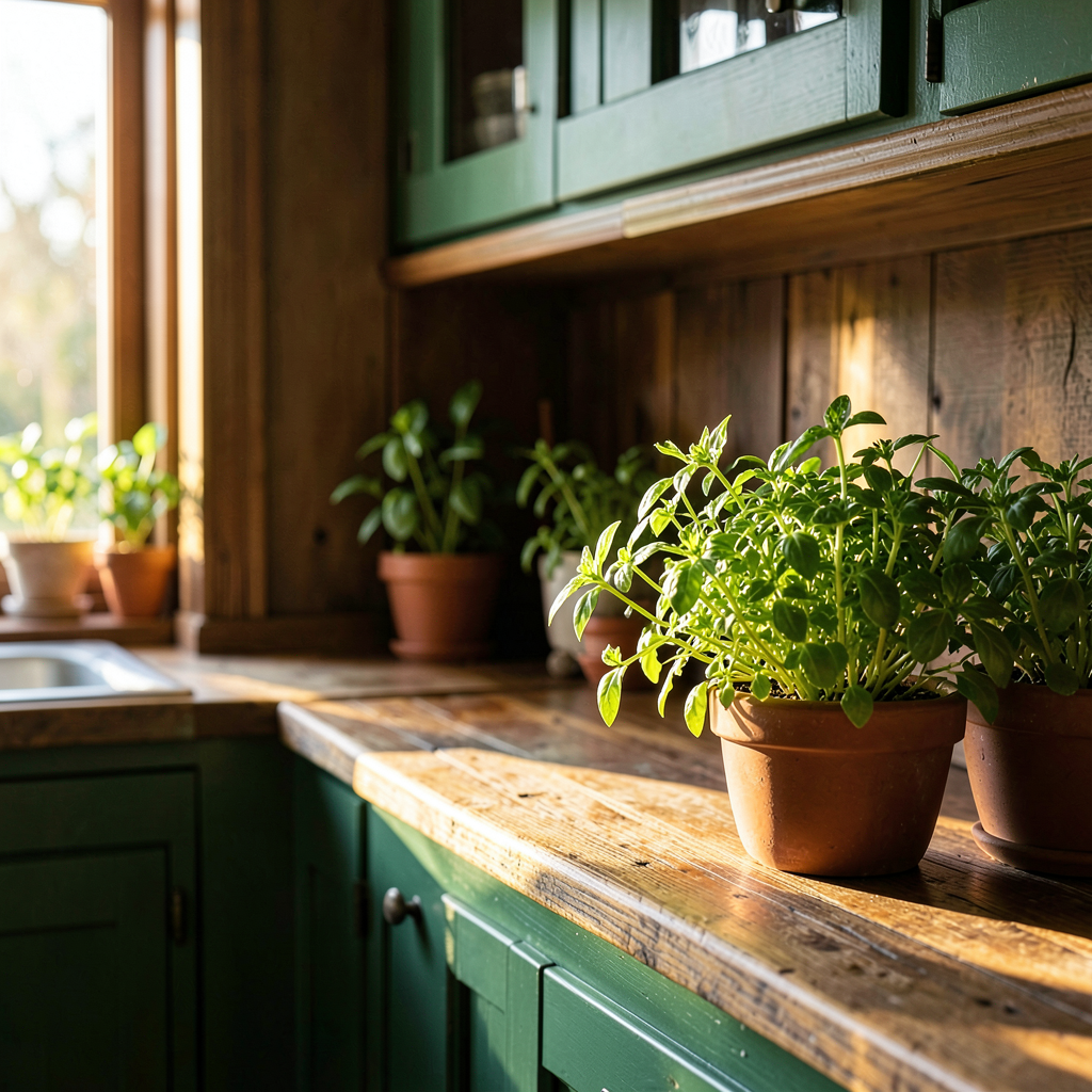 Détail d'une cuisine verte avec poignées dorées et carrelage blanc, inspiration aménagement cuisine chaleureuse
