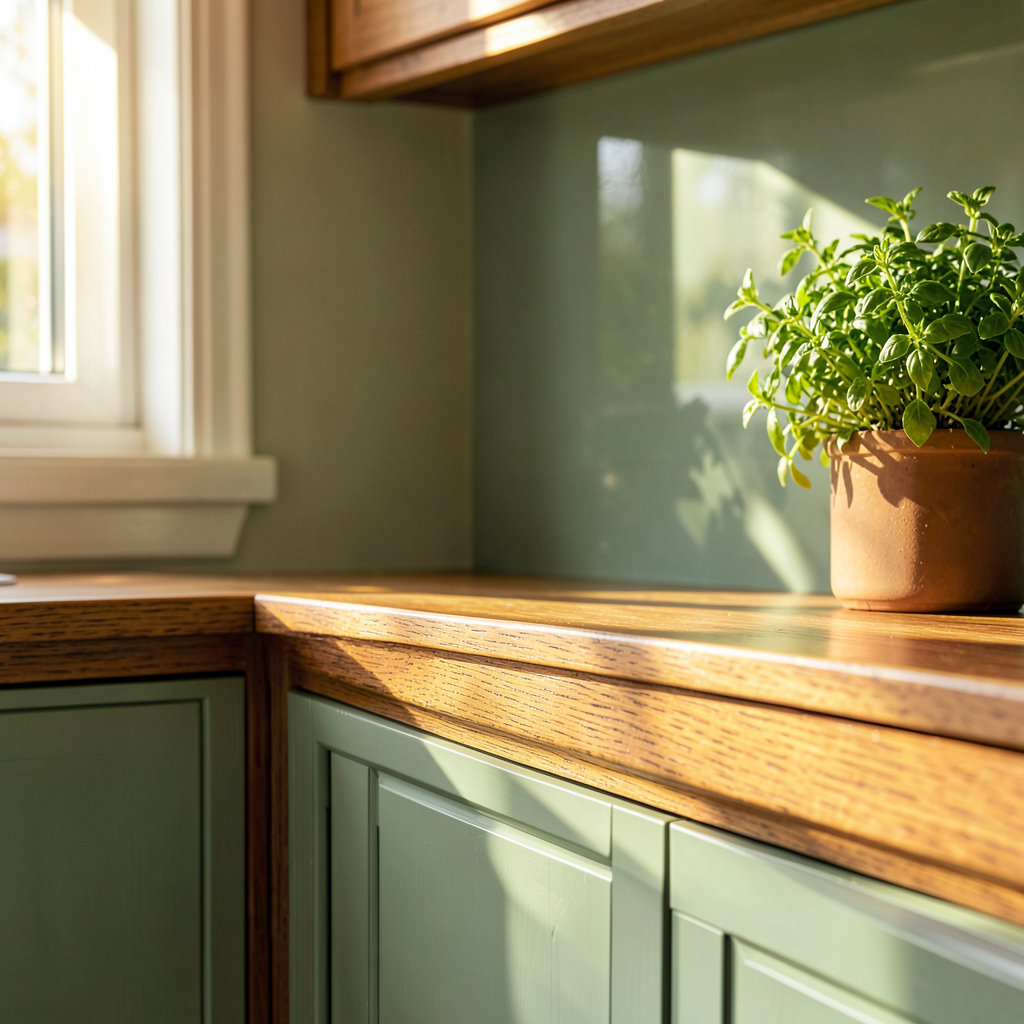 Meuble bas en bois naturel et façade vert sauge dans une cuisine claire et chaleureuse