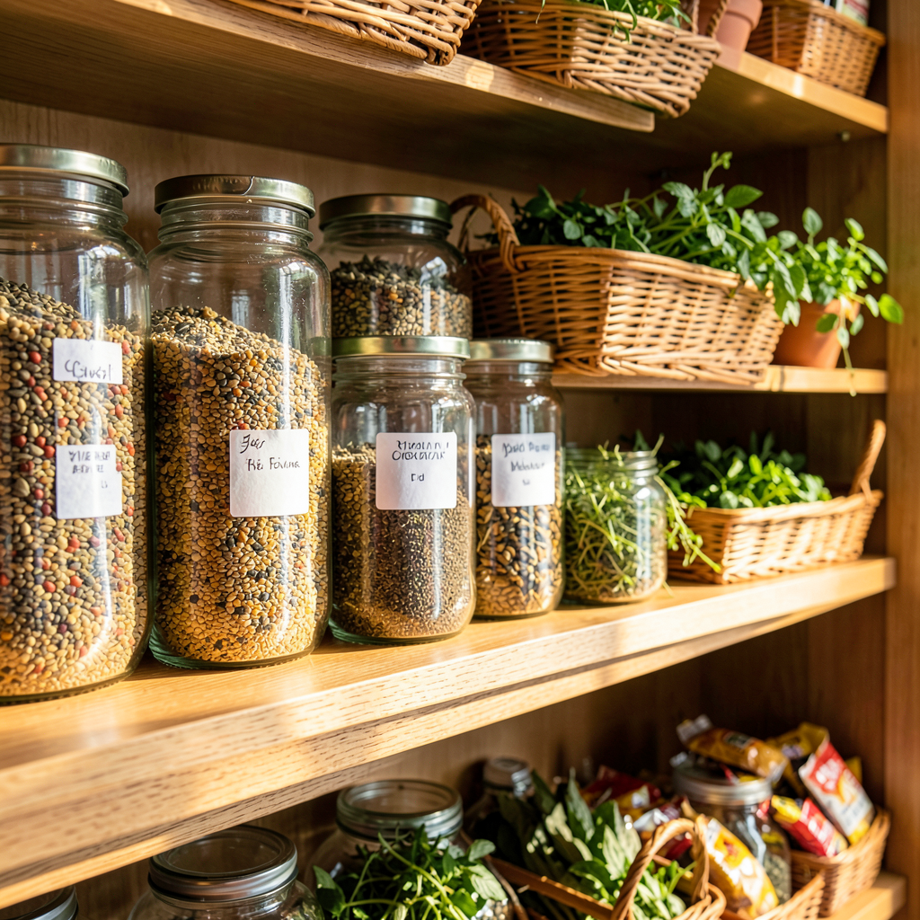 Placard cuisine rangé avec boîtes hermétiques et étiquettes, idée aménagement garde-manger pratique
