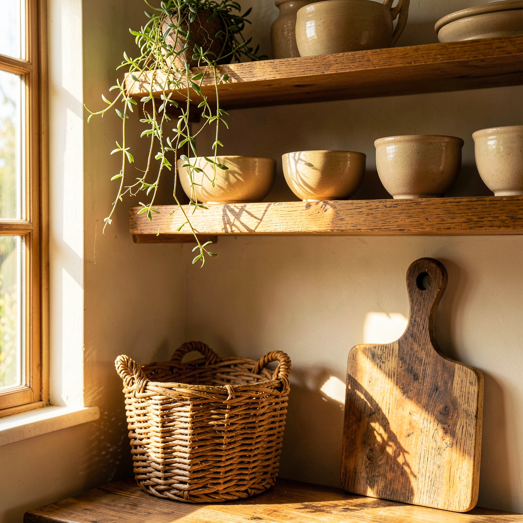 Détail de cuisine bohème ouverte avec bois naturel, plantes vertes et céramiques artisanales
