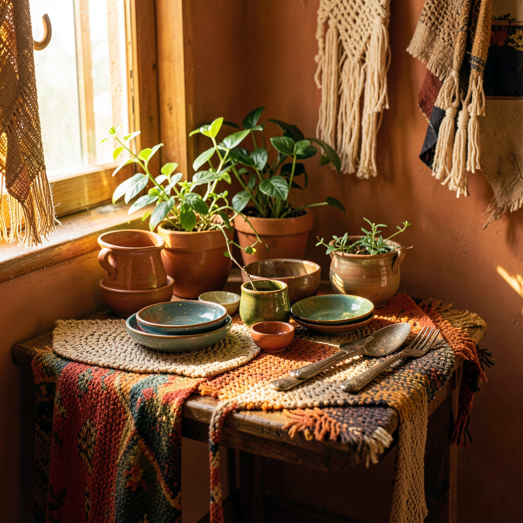 Mini cuisine au style bohème avec crédence en carreaux de ciment et accessoires en rotin naturel