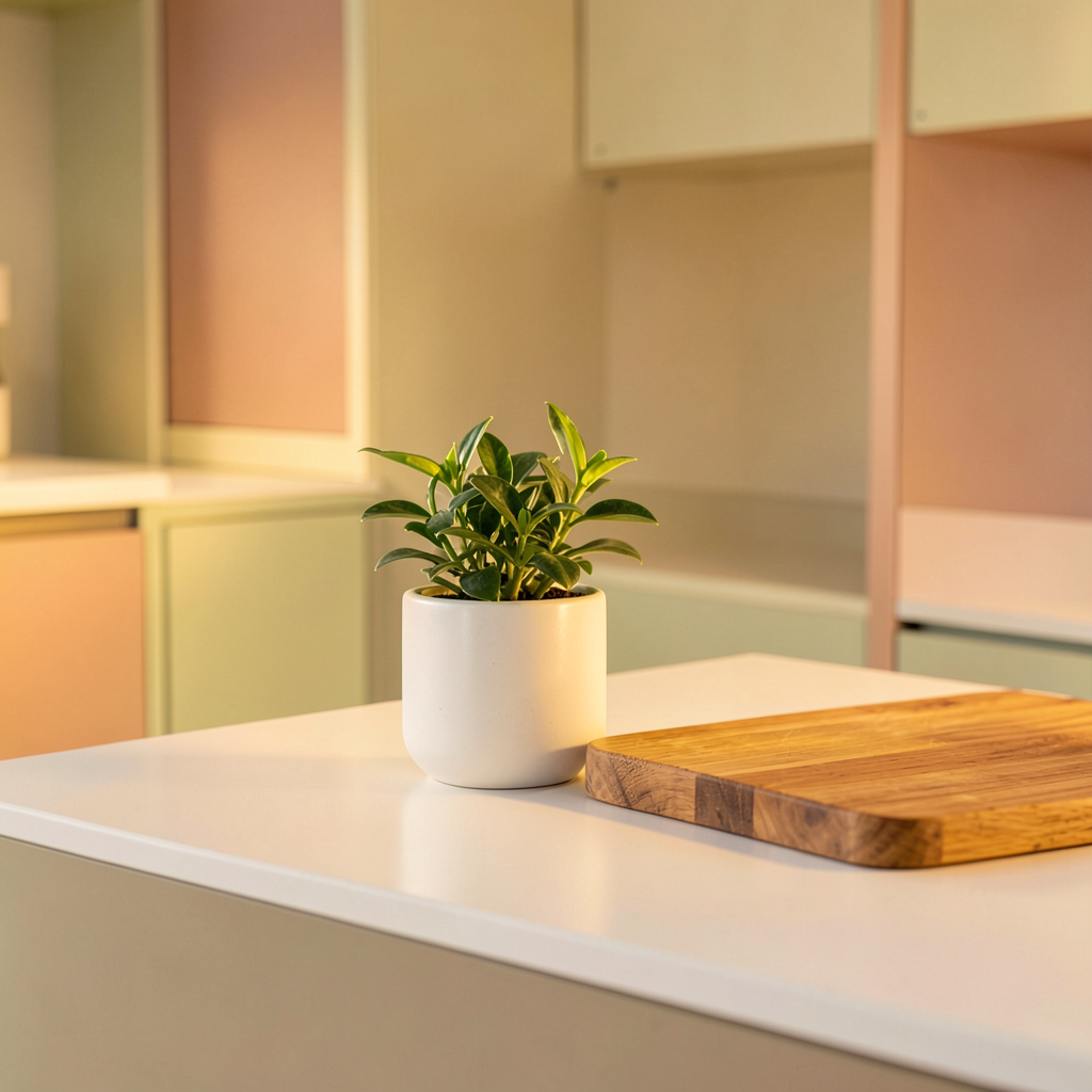 Mini cuisine aménagée en style minimaliste avec crédence assortie au comptoir et palette monochrome beige