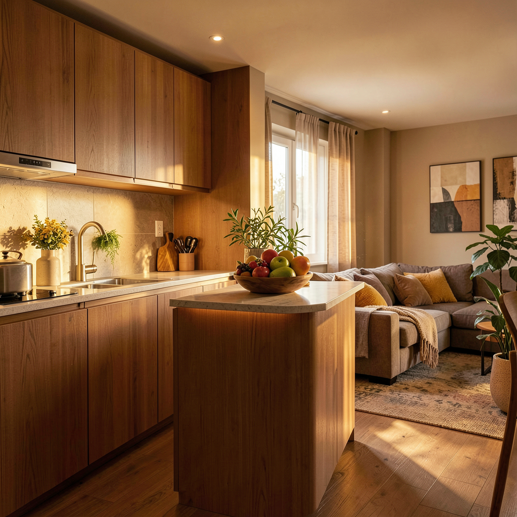 Coin cuisine linéaire bien aménagé ouvert sur le salon avec rangements jusqu'au plafond