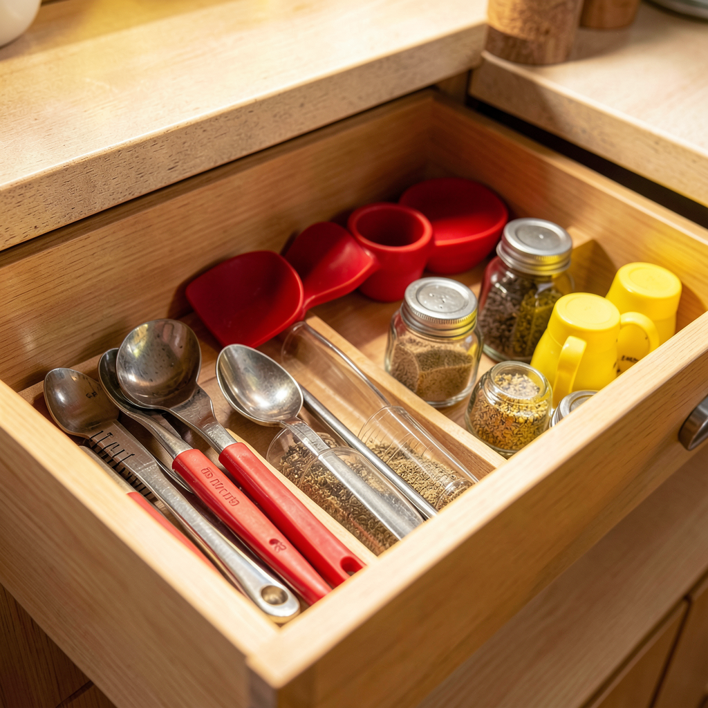 Organiseur de tiroir cuisine en bambou avec couverts et petits ustensiles bien séparés