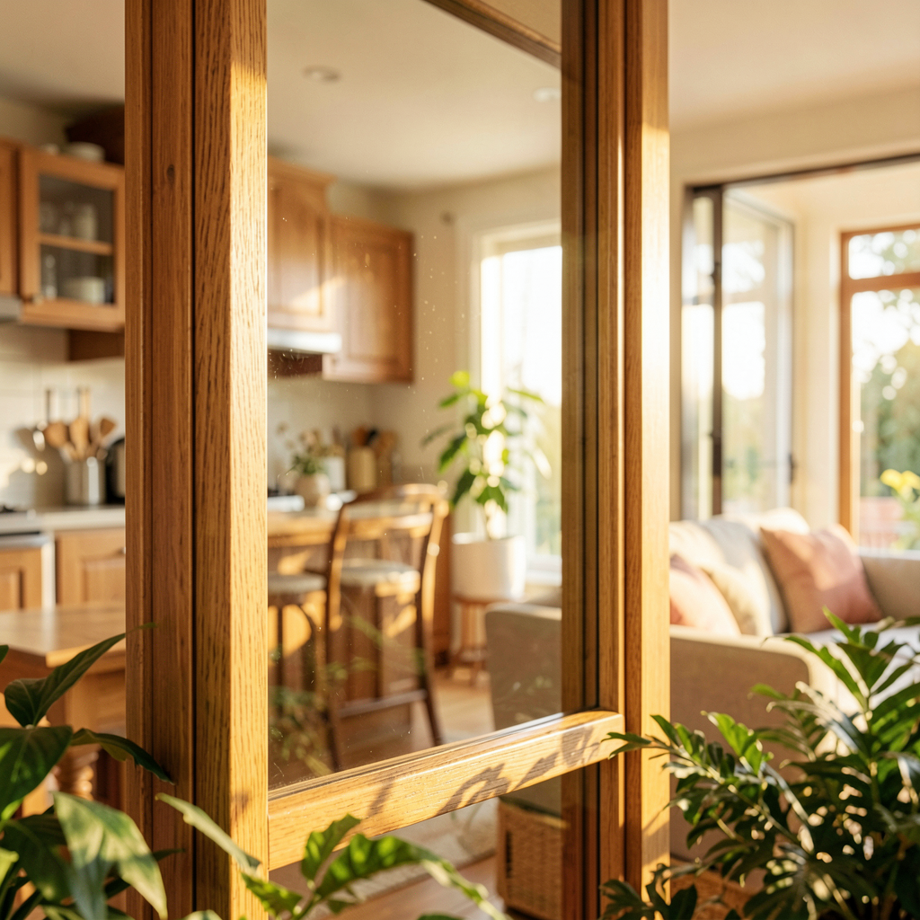 Cuisine vitrée avec verrière acier et coin repas baigné de lumière naturelle dans un petit espace optimisé.