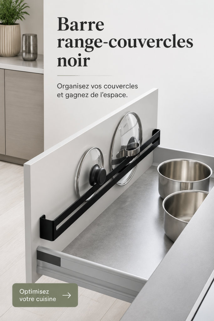 Barre range-couvercles noir moderne installée dans une cuisine organisée, montrant des couvercles bien rangés.