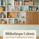 Bibliothèque colorée avec une porte coulissante en claustra