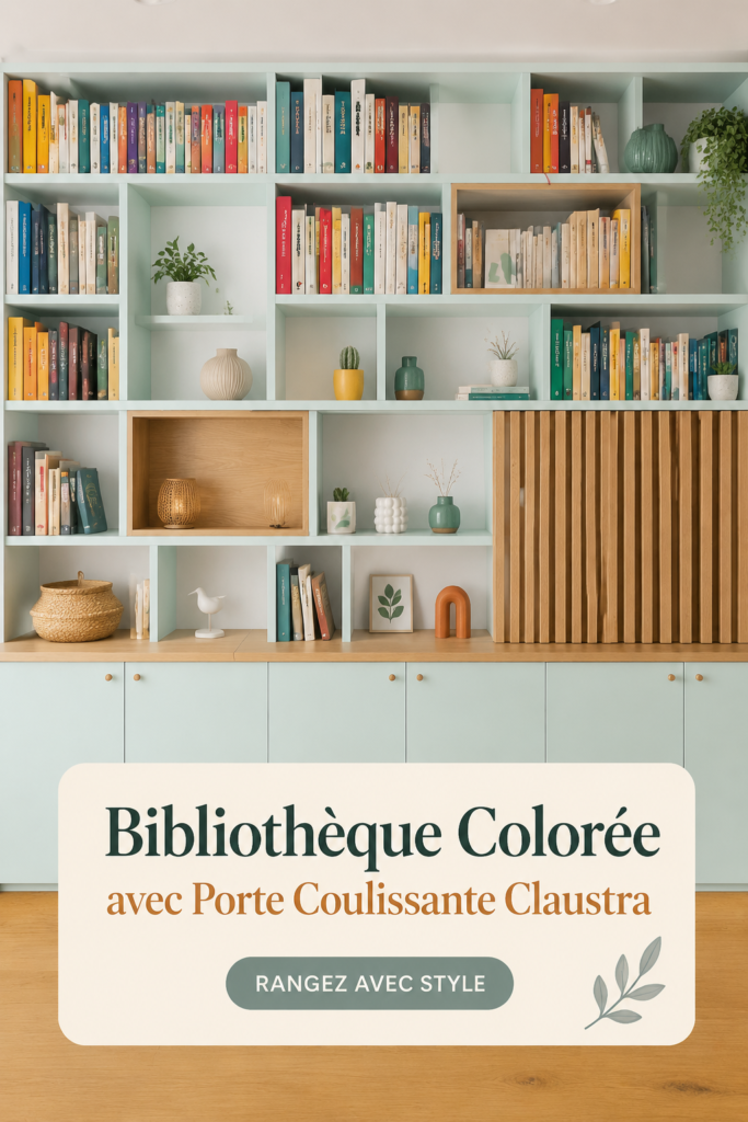 Bibliothèque colorée avec une porte coulissante en claustra