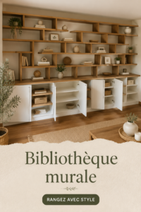 Bibliothèque murale moderne pleine de livres et de décorations