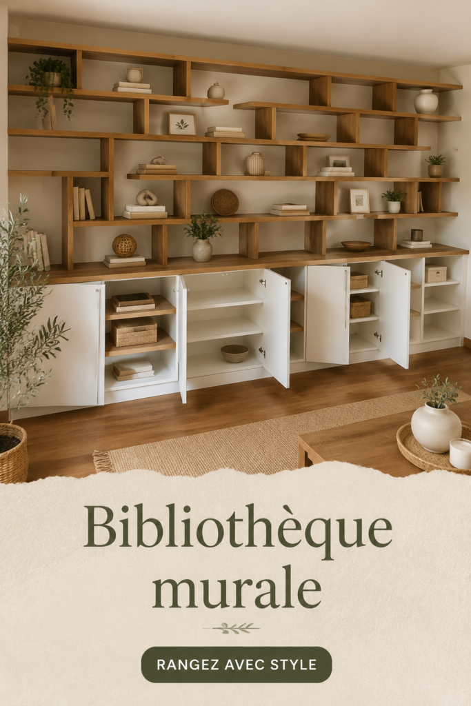 Bibliothèque murale moderne pleine de livres et de décorations