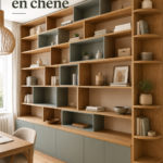 Une bibliothèque en chêne intégrée à un bureau, créant un coin chaleureux et élégant.