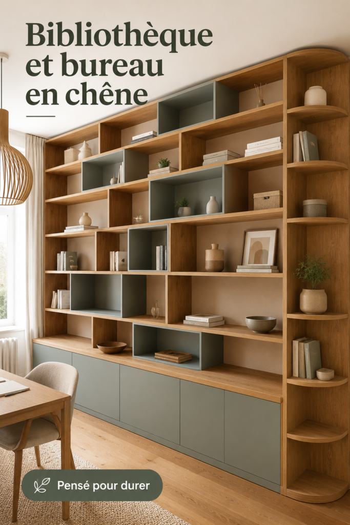 Une bibliothèque en chêne intégrée à un bureau, créant un coin chaleureux et élégant.