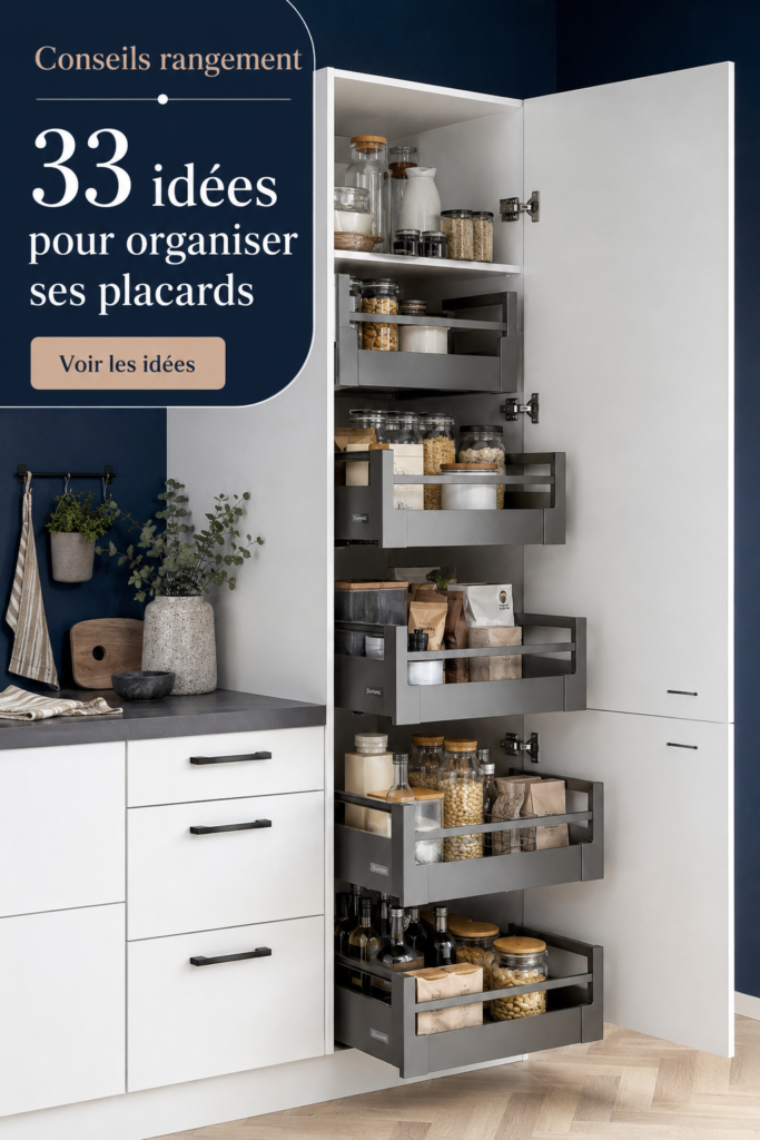Un placard bien organisé avec des étagères et des paniers de rangement.