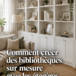 Bibliothèque encastrée réalisée avec des étagères IKEA dans un salon moderne