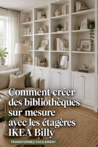 Bibliothèque encastrée réalisée avec des étagères IKEA dans un salon moderne