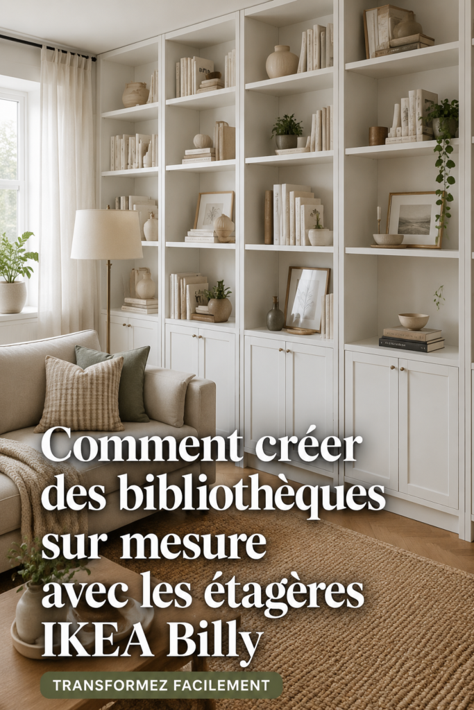 Bibliothèque encastrée réalisée avec des étagères IKEA dans un salon moderne