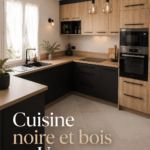 Cuisine moderne en U avec façades noires et plan de travail en bois
