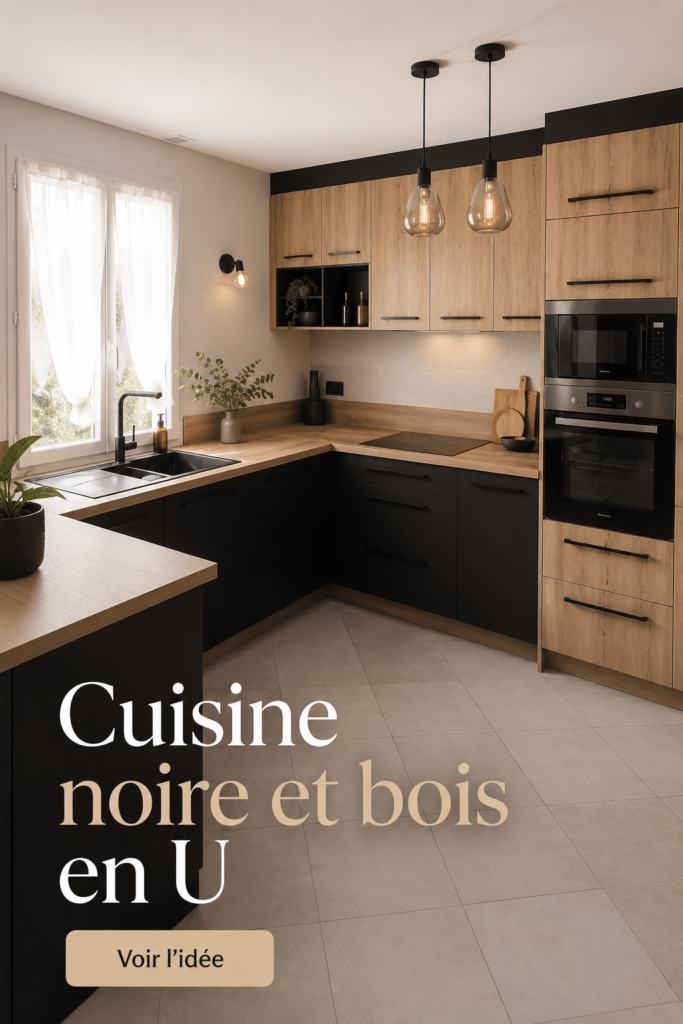 Cuisine moderne en U avec façades noires et plan de travail en bois