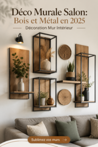 Salon décoré avec des éléments muraux en bois et métal, créant une ambiance chaleureuse et moderne