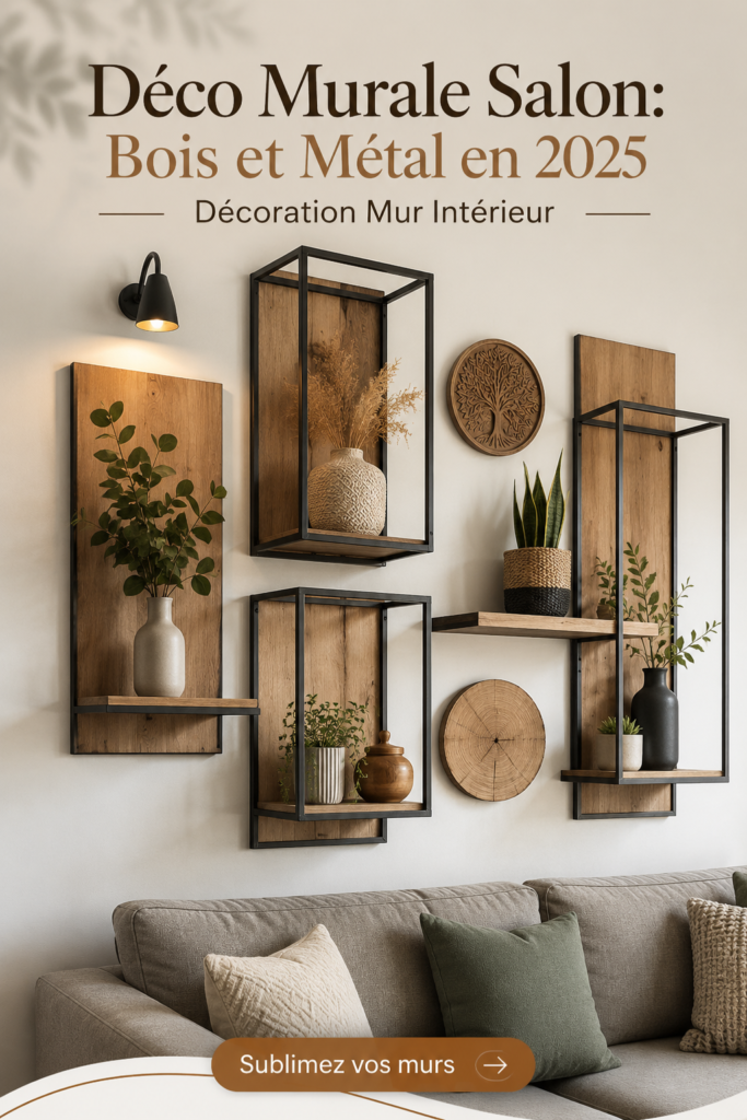 Salon décoré avec des éléments muraux en bois et métal, créant une ambiance chaleureuse et moderne