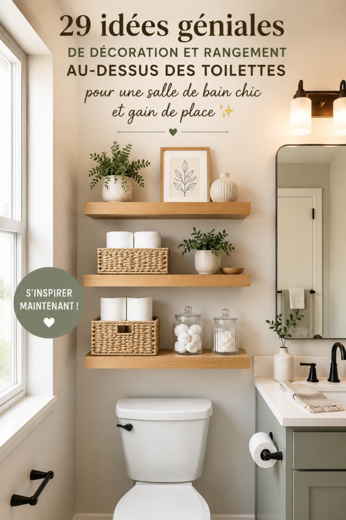 Déco élégante au-dessus des toilettes avec rangements pratiques.
