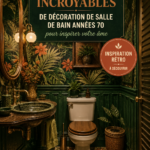 Salle de bain décorée dans un style rétro années 70 avec des couleurs vives et motifs floraux.