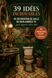 Salle de bain décorée dans un style rétro années 70 avec des couleurs vives et motifs floraux.