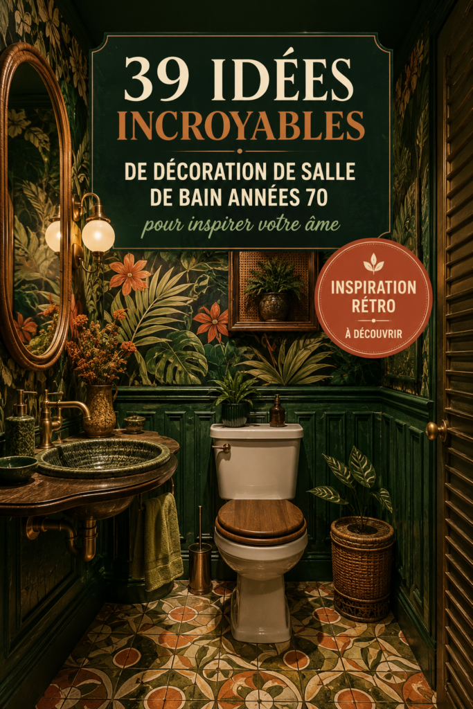 Salle de bain décorée dans un style rétro années 70 avec des couleurs vives et motifs floraux.