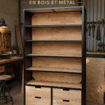 Étagère en bois et métal moderne intégrée dans un salon chaleureux