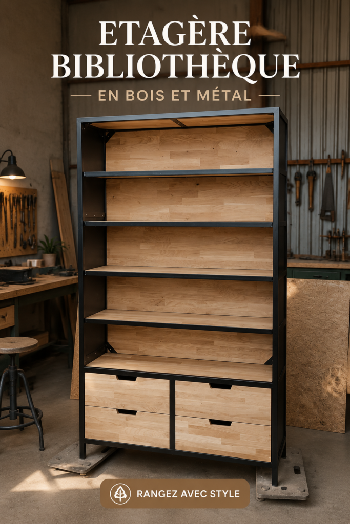 Étagère en bois et métal moderne intégrée dans un salon chaleureux
