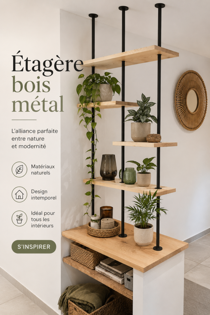 Étagère élégante en bois et métal dans un intérieur moderne.