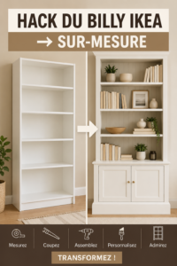 Un intérieur chaleureux avec des étagères IKEA Billy personnalisées, créant une ambiance accueillante.