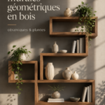 Étagères flottantes géométriques en bois avec des plantes décoratives et des vases en céramique