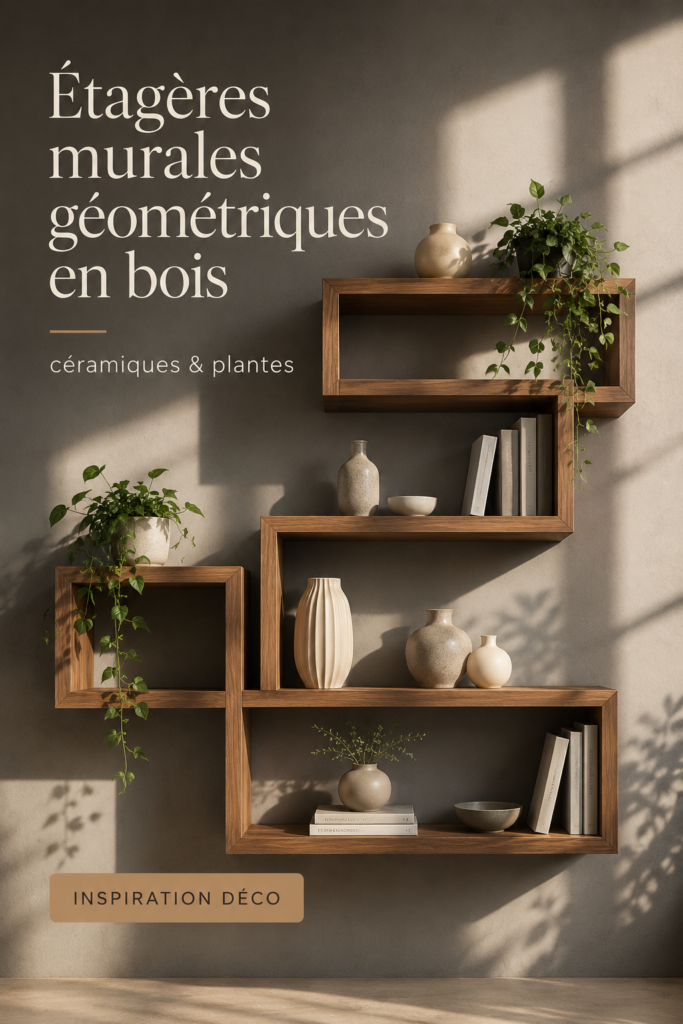 Étagères flottantes géométriques en bois avec des plantes décoratives et des vases en céramique