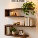 Étagère murale en bois stylée avec des livres et éléments déco