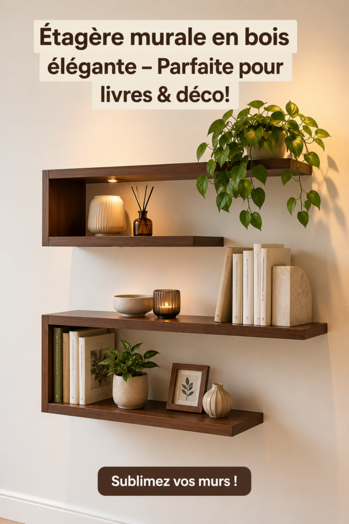 Étagère murale en bois stylée avec des livres et éléments déco
