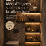Etagères en bois dans une salle de bain zen et chaleureuse.