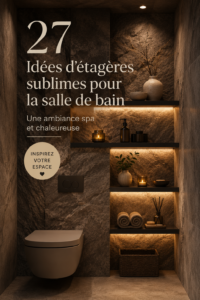 Etagères en bois dans une salle de bain zen et chaleureuse.