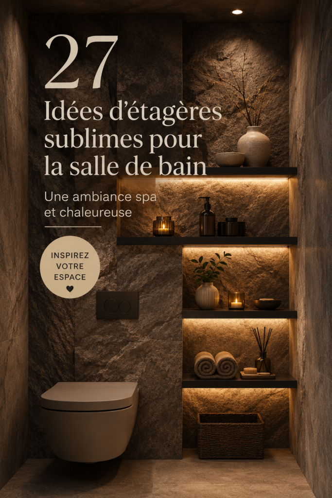 Etagères en bois dans une salle de bain zen et chaleureuse.
