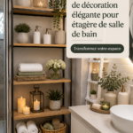 Étagères élégantes en bois et accessoires de salle de bain stylisés